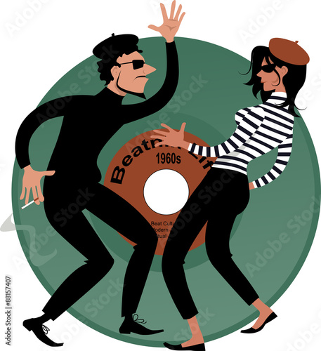 Beatnik couple dancing, vinyl record on the background, vector cartoon, EPS 8 photo