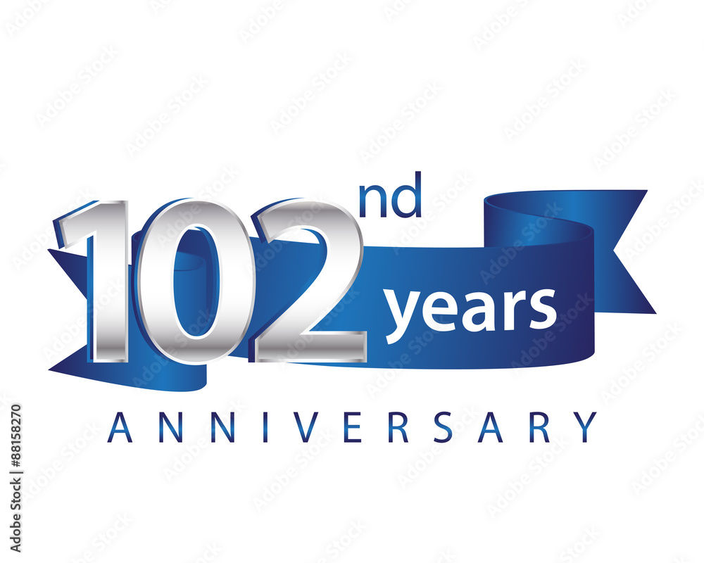 102 Years Anniversary Logo Blue Ribbon