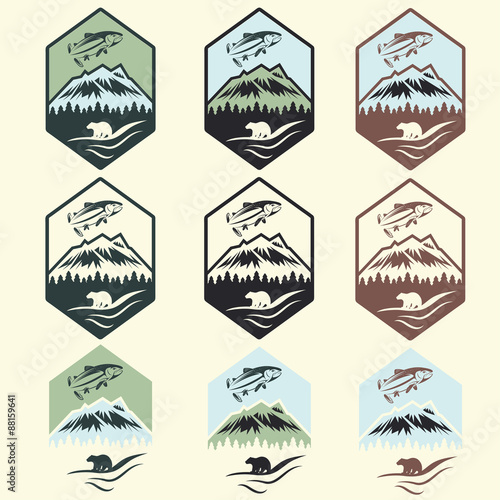 set of vintage fishing camp labels with salmon and bear