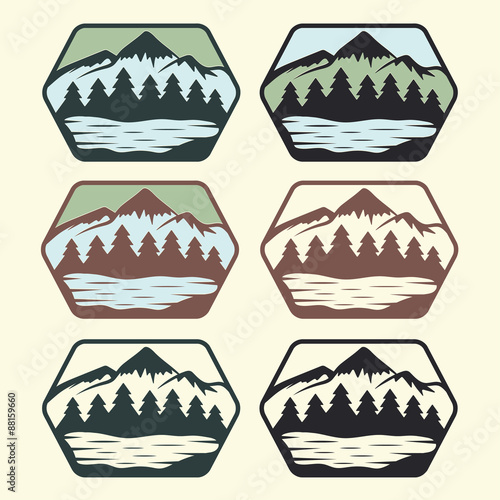 set of vintage labels with lake,mountains and pines