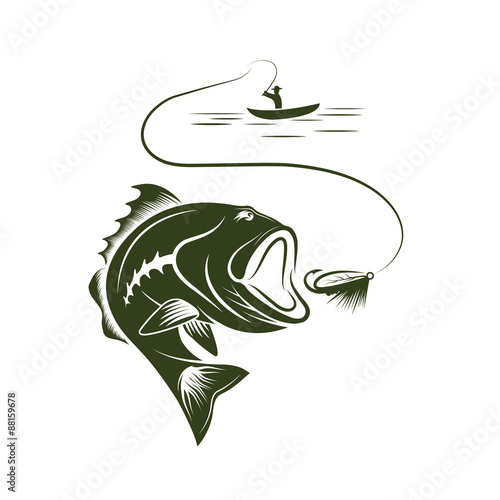 illustration of fisherman in a boat and big mouth bass