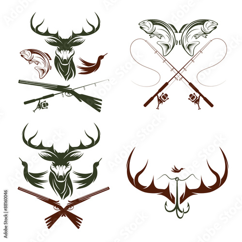 Set of vintage hunting and fishing labels and design elements