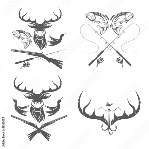 Set of vintage hunting and fishing labels and design elements
