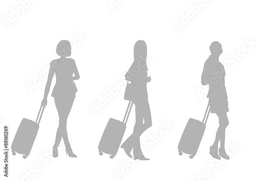 旅行する女性たちのシルエットイラスト（グレー）