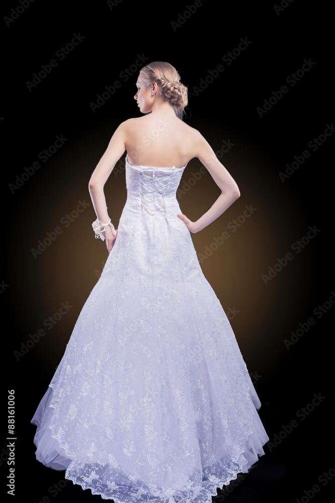 Portrait of Caucasian Bride Posing in Gorgeous Wedding Dress Mad Portrait of Caucasian Bride Posing in Gorgeous Wedding Dress Mad