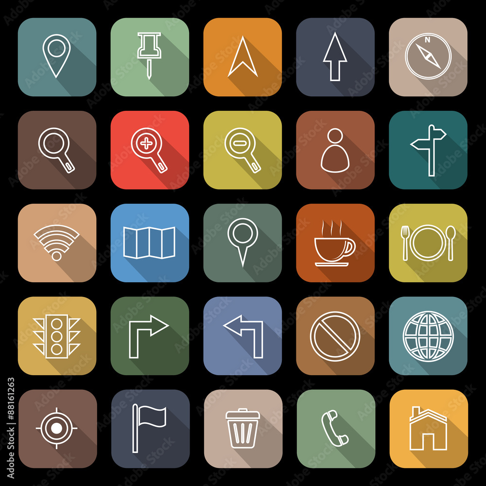 Map line flat icons with long shadow Map line flat icons with long shadow
