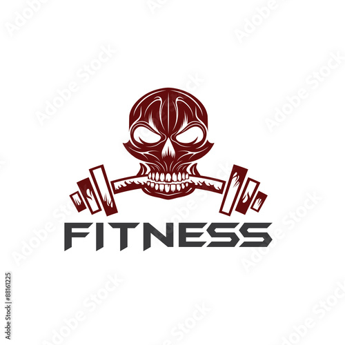 skull holding a barbell in the teeth