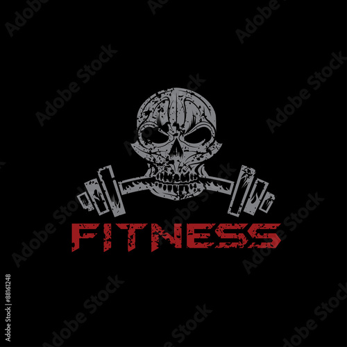 grunge skull holding a barbell in the teeth