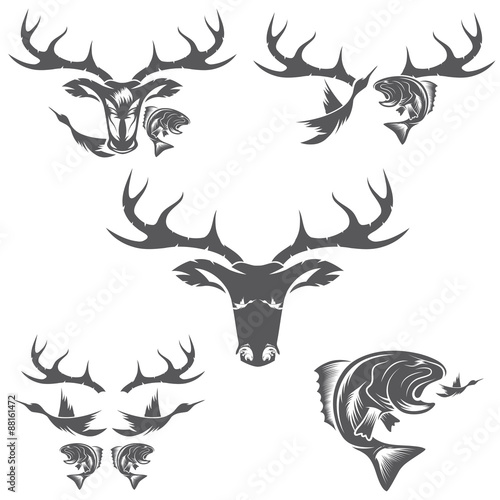 Set of vintage hunting and fishing labels and design elements
