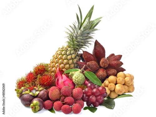 Assortment of exotic fruits isolated on white background