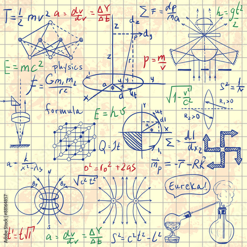 Physical formulas, graphics and scientific calculations. Back to School: science lab objects doodle vintage style sketches. Vintage hand drawn illustration 