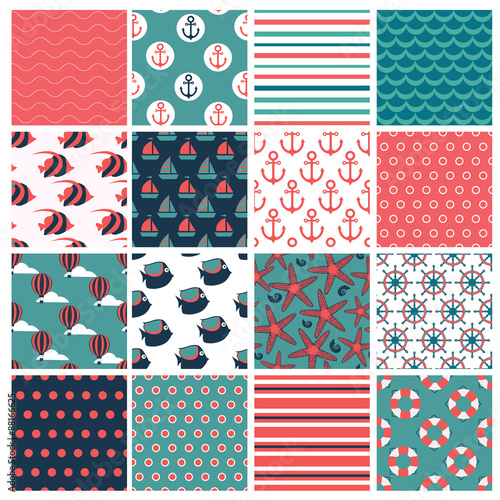 big set of sixteen marine seamless patterns