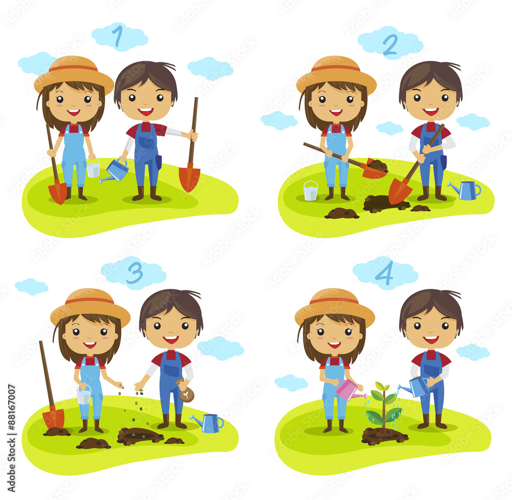 planting tree process, How to grow a tree, gardening, cartoon farmers characters vector, watering a plant planting tree process, How to grow a tree, gardening, cartoon farmers characters vector, watering a plant