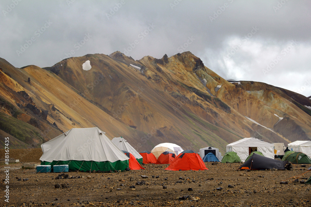 Tourist tent in the camping. Landmannalaugar. Iceland