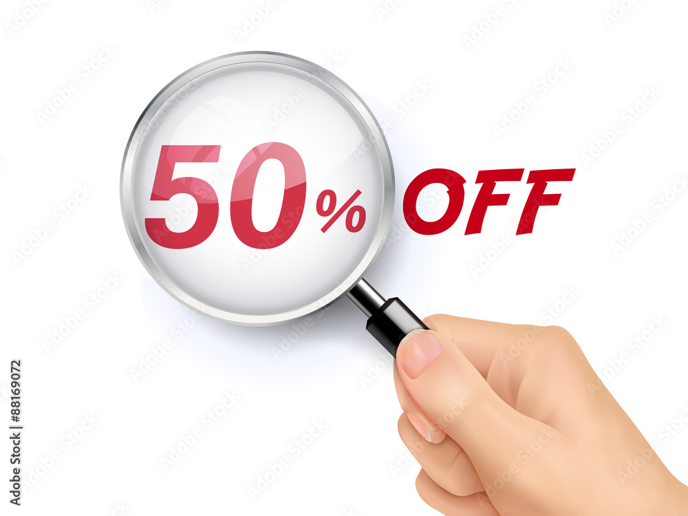 50 percent off showing through magnifying glass 50 percent off showing through magnifying glass