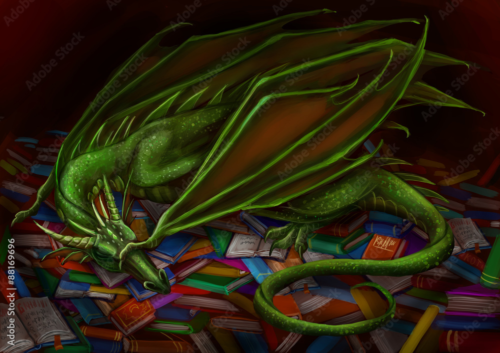 Obraz premium Дракон спит на книгах