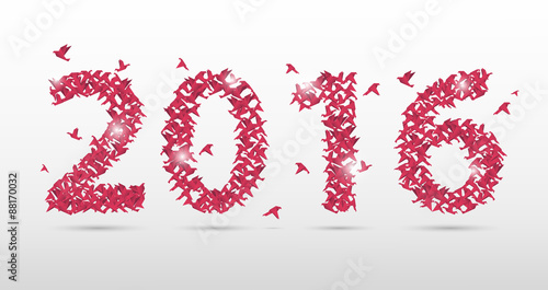 Pink 2016 new year origami style. Paper Birds. Vector illustration