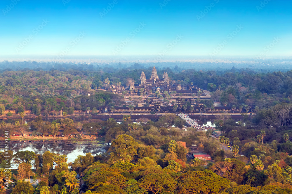 Angkor Wat view from air hot balloon, Asia. Siem Reap, Cambodia.