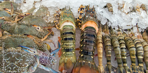 Lobster crab, prawn, Sea food.