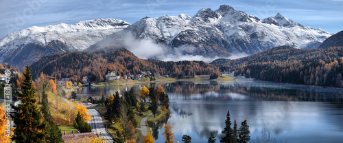 Lake St. Moritz with the first snow in the autumn photo