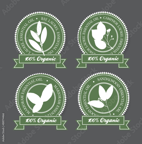Set of green essential oil labels set. Bay laurel, Camphor Laurel, Marjoram, Sandalwood.