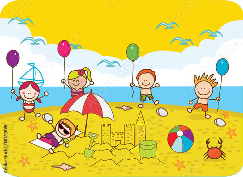 Happy kids playing balloon at Beach