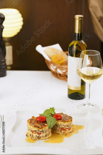 Restaurant meal/Delicious meat pie served in elegant restaurant. Traditional food. Very shallow depth of field for soft background