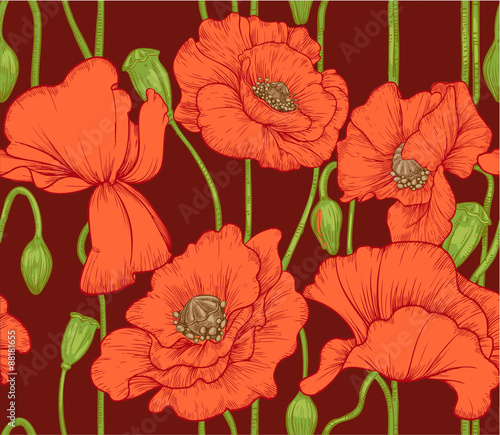 Fototapeta Naklejka Na Ścianę i Meble -  seamless pattern of red poppies on dark background