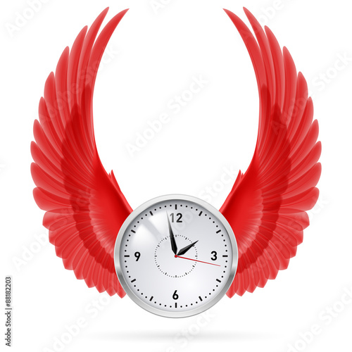 Clock. Red wings.