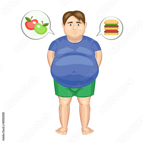 The fat man with hamburger and apples. Vector illustration.