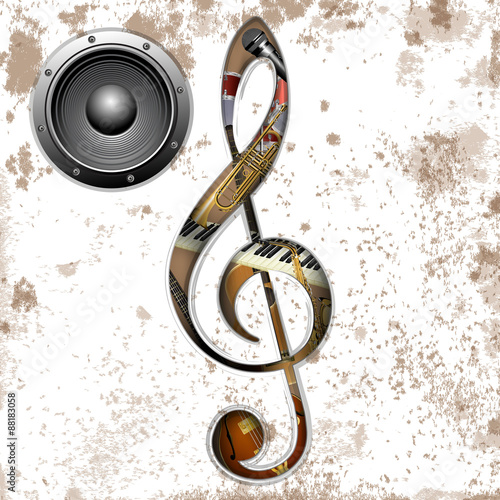 vector illustration of musical instruments in the hole treble Clef trumpet, saxophone, piano keys, jazz guitar, acoustic guitar and an audio speaker