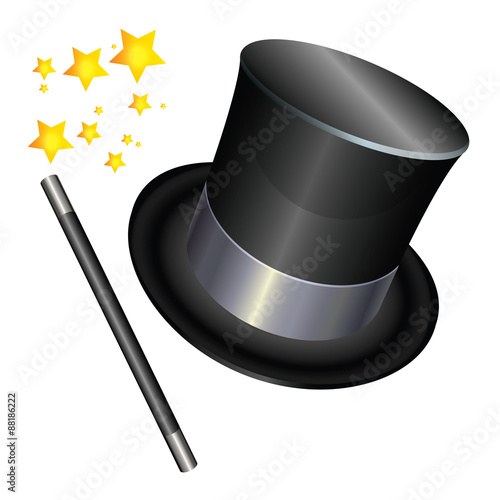 Wizards hat and a magic wand on stars background. Vector 