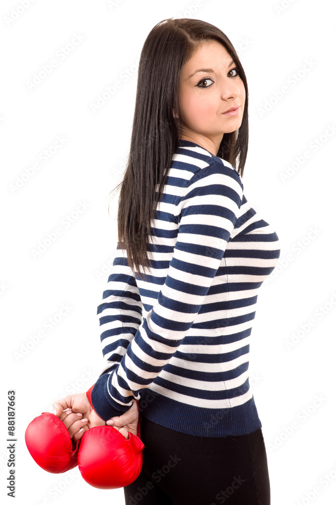 Young housewife fights with boxing gloves Young housewife fights with boxing gloves