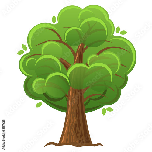 Cartoon tree, green oak tree with luxuriant foliage. vector