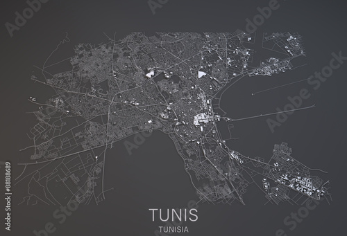 Mappa Tunisi, vista satellitare, città Tunisia, 3d, bianco e nero photo