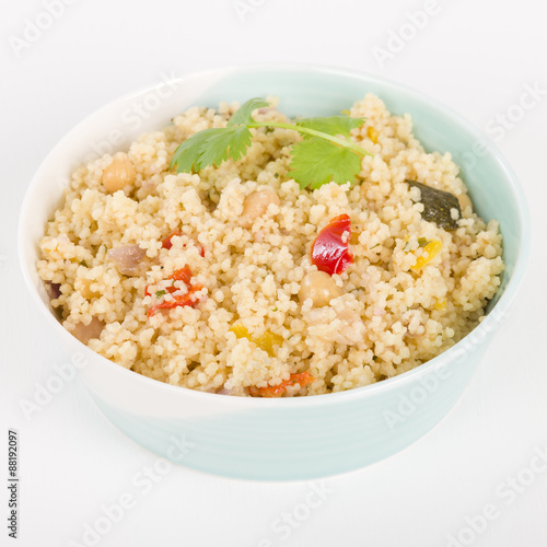 Couscous - Roasted vegetable couscous in a a bowl. 