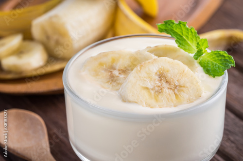 Yogurt with banana in a glass