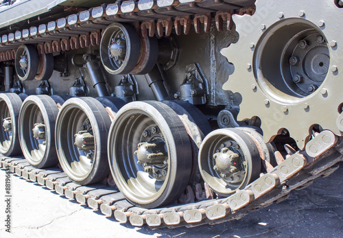Tank close-up with wheel, caterpillar. American tank.