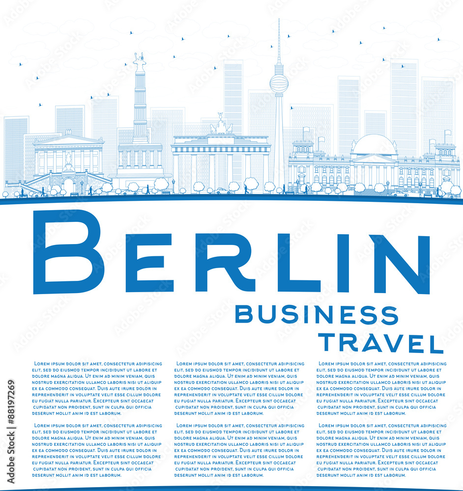 Outline Berlin skyline with blue building and copy space