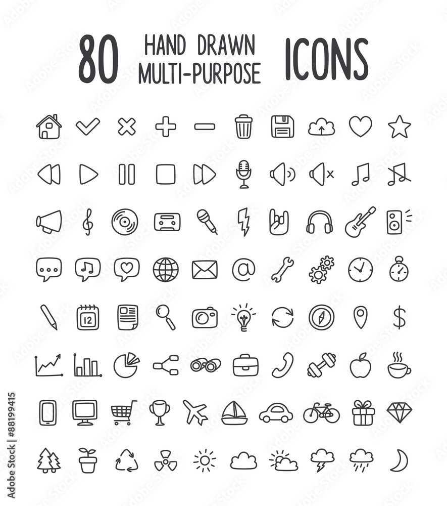 Set of 80 universal interface icons for web or apps: communication, media, shopping, travel, weather and more. Clean and minimalistic; personal hand drawn feel. Thin line icons isolated on white.