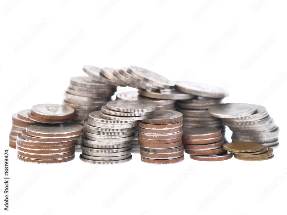 Stack of Thai Bath coins on white background Stack of Thai Bath coins on white background