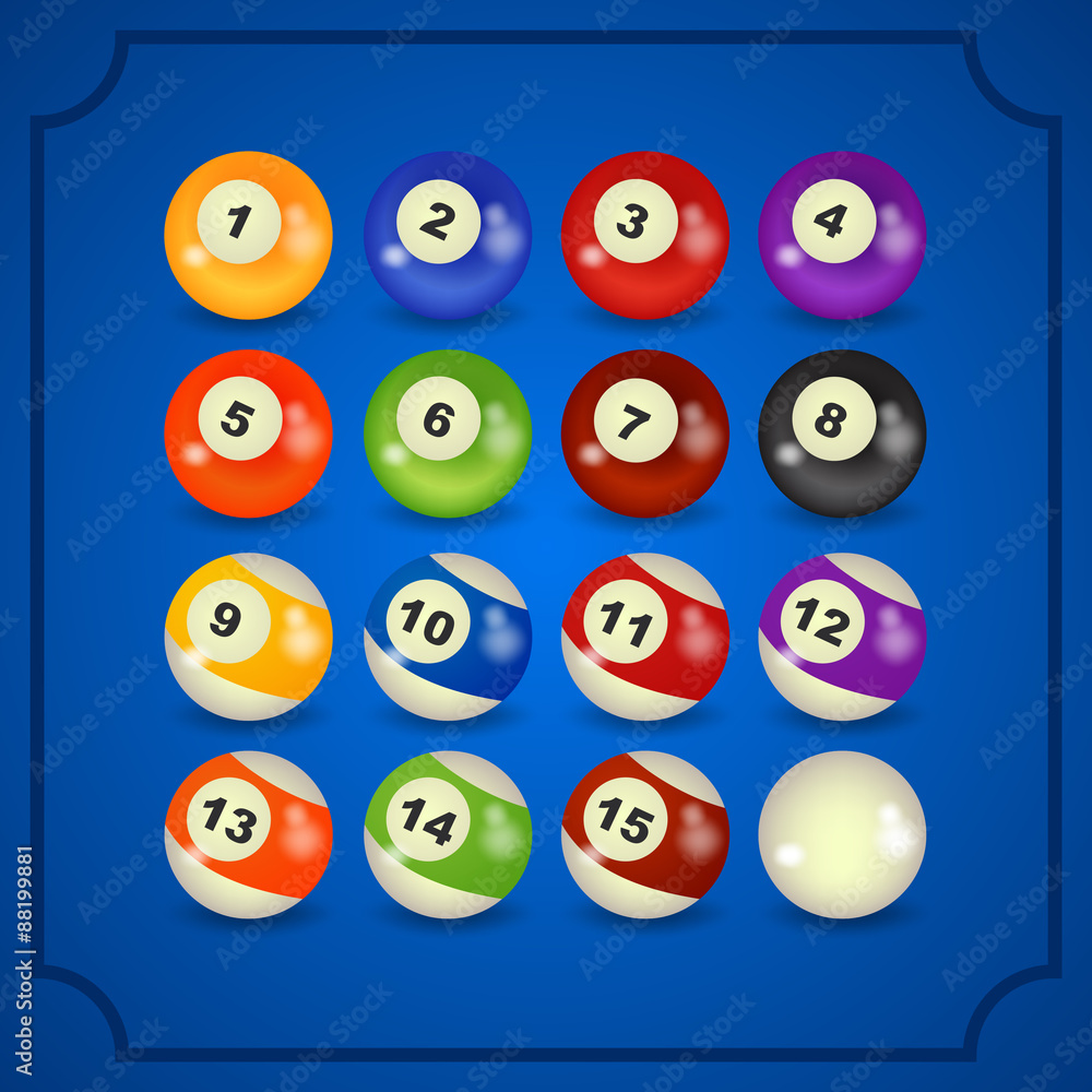 set of billiard balls, billiards, American set of billiard balls, billiards, American