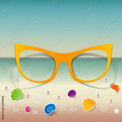 summer, beach background with stickers summer set sunglasses