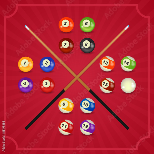 set of billiard balls, billiards, American with cue