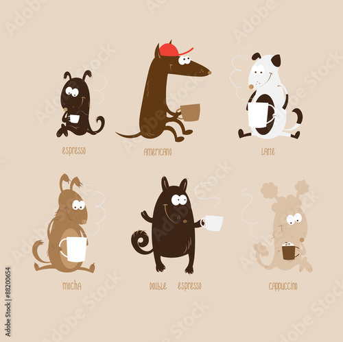 Set with cute cartoon dogs of different breeds who drink different types of coffee.