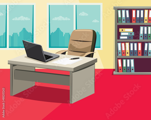 Vacancy. Looking for a new employee. Empty office with a laptop, work desks and filing cabinets. - vector simple illustration.