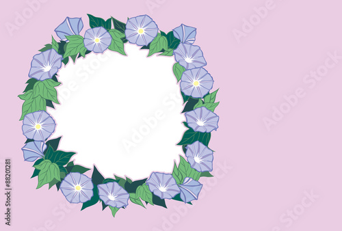 朝顔「円形」図案-薄紅色の背景（はがき横書き）
・夏の草花「朝顔」をイラストにしました。「朝顔」単体と、はがきサイズの比率のイラストを用意しました。