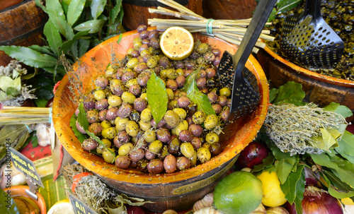 Garlic And Olives On Provencal Street Market In France - Cogolin, France, Europe photo