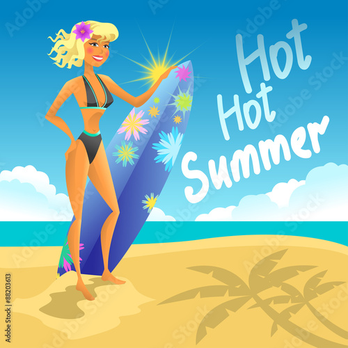 Girl with a surfing board. Vector illustration.