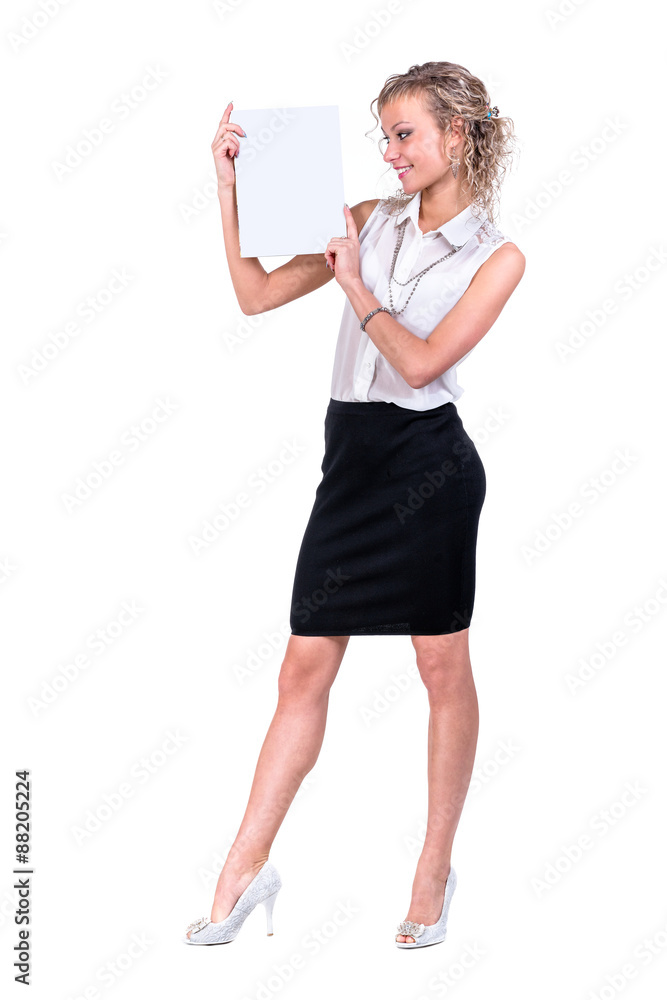 business woman hold empty blank board, full length portrait business woman hold empty blank board, full length portrait
